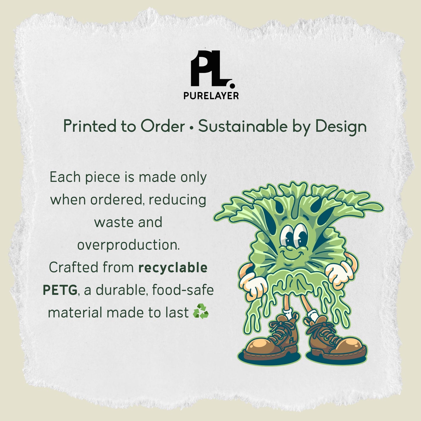 Printed to order sustainability card showing eco friendly 3D printed hydroponic grow system made from recyclable materials
