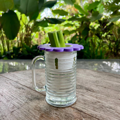 Celery scrap held in a modular sprouter lid insert inside a glass cup, regrowing celery in water