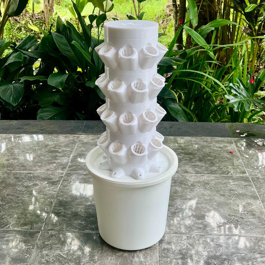 Modular vertical hydroponic grow tower with multiple planting ports, 3D printed in white, designed for growing leafy greens and herbs at home or on balconies