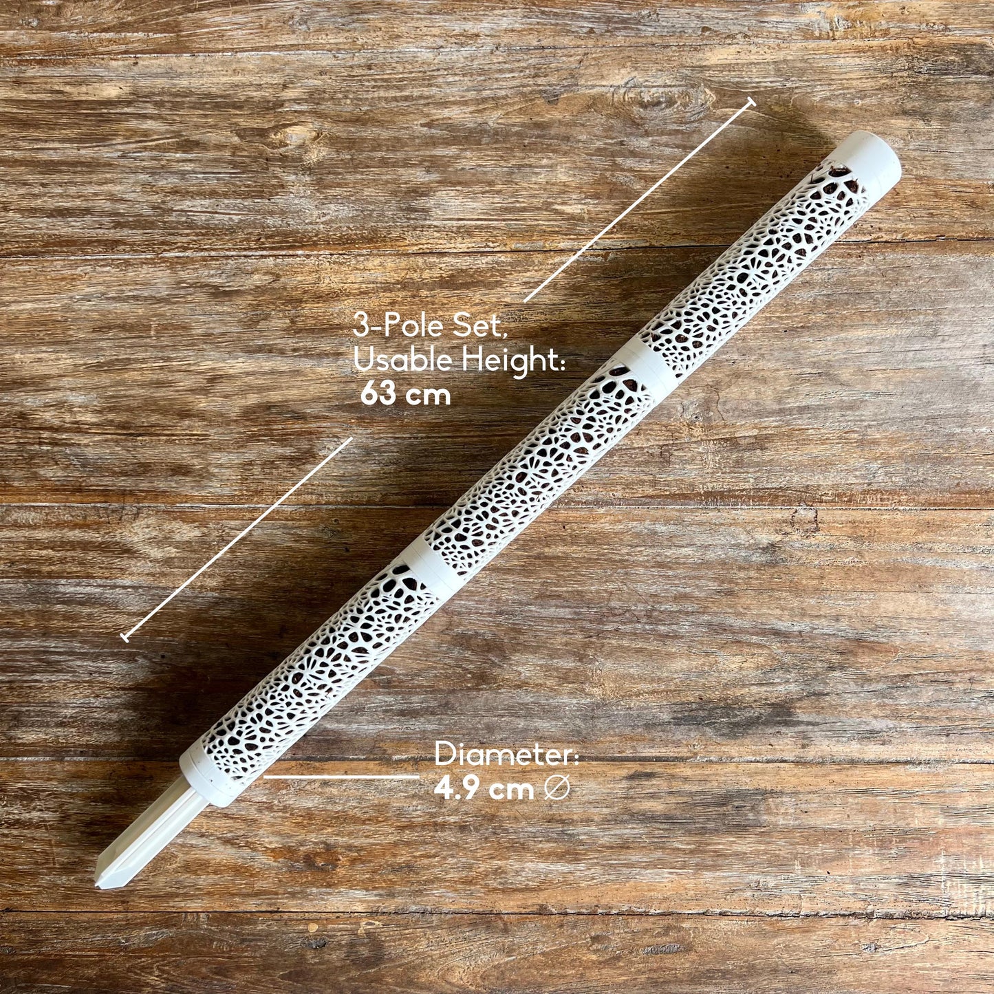 Three piece Voronoi moss pole fully assembled, showing 63 cm usable height and 4.9 cm diameter for modular climbing plant support