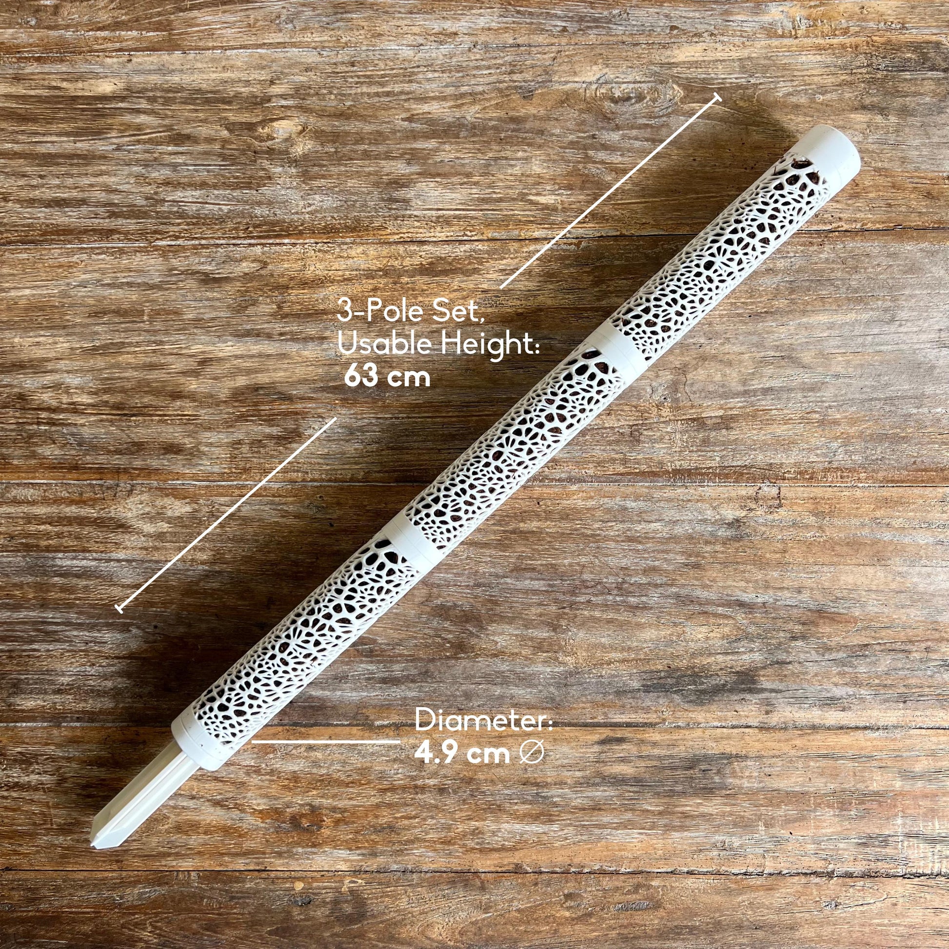 Three piece Voronoi moss pole fully assembled, showing 63 cm usable height and 4.9 cm diameter for modular climbing plant support